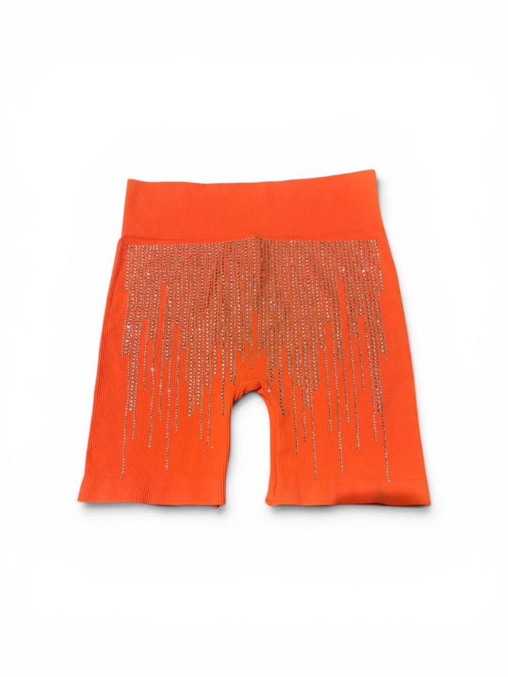 Sparkle & Stretch High-Waisted Neon Orange Rhinestone Biker Shorts S/M